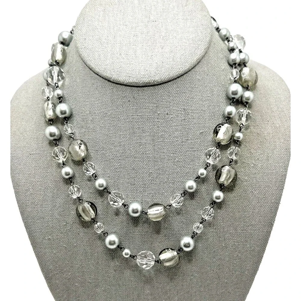 White House Black Market Station Necklace Gray Clear Glass Bead Long 35